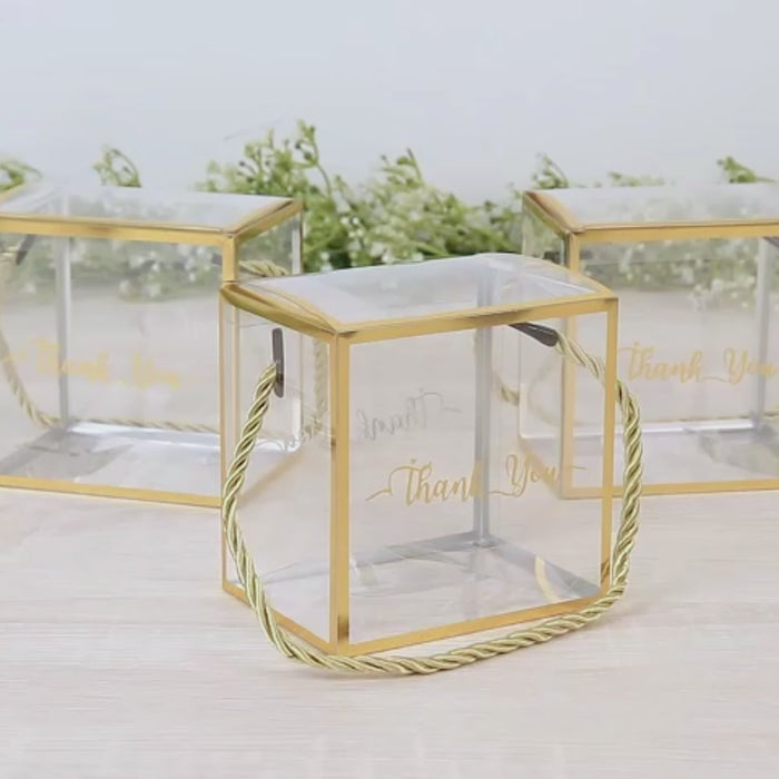 25 Pack Plastic Clear Cube Gift Boxes with Gold Trim - Transparent Favor Boxes, Rope Handle