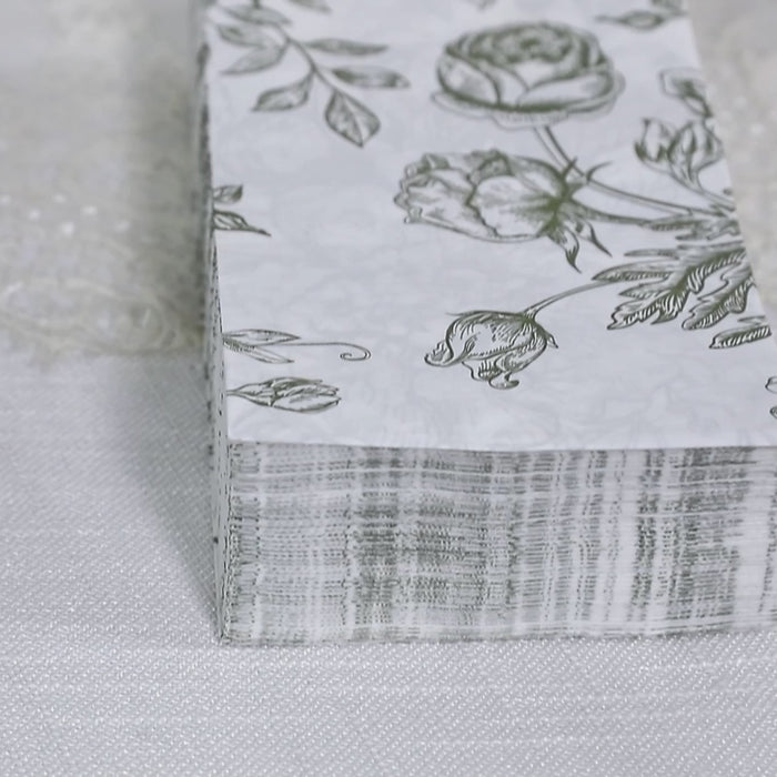 50-Pack Paper Dinner Napkins 2-Ply White with Matte Sage Green French Toile Floral Pattern - Soft