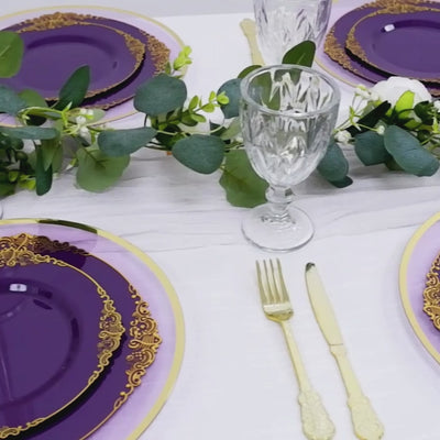 10-Pack Plastic Round Dinner Plates 10" Purple with Gold Leaf Embossed Rim - Vintage Baroque Style Disposable Plates