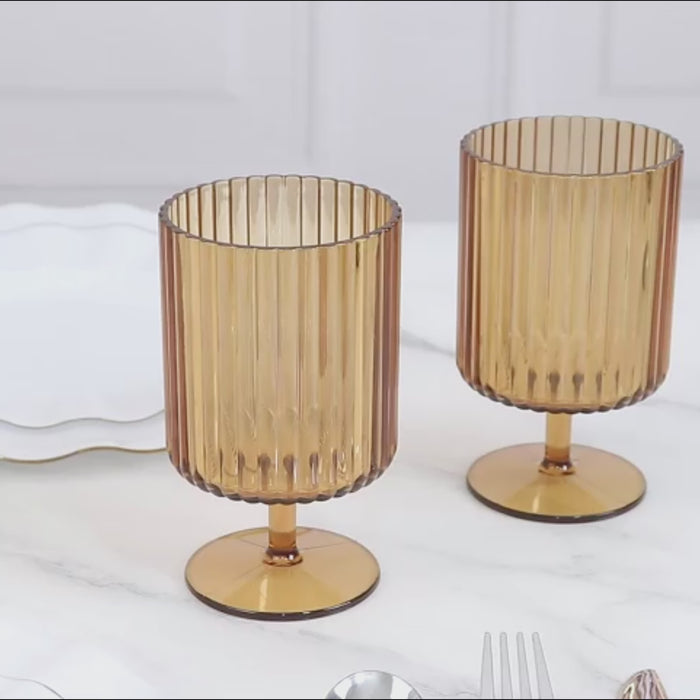 12-Pack Amber Gold Plastic Wine Glasses 12oz, Vintage Ribbed Pattern Short Stemmed - Reusable