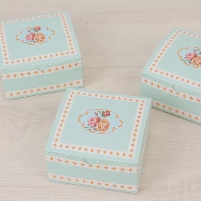 25-Pack Vintage Rose Floral Favor Boxes – Turquoise Cardstock Gift Boxes for Treats, Chocolates
