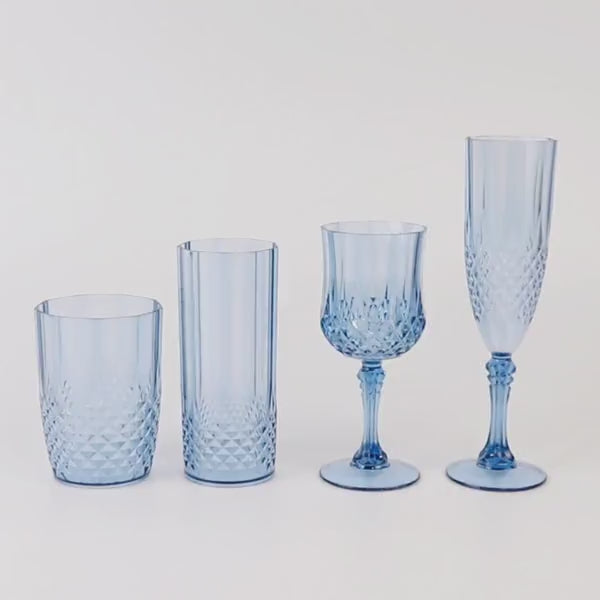 6 Pack Dusty Blue Crystal Cut Reusable Plastic Champagne Glasses, Shatterproof Wedding