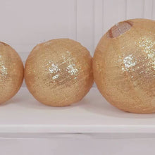 Set of 3 Shimmer Gold Sequin Fabric Hanging Lanterns, Large Decorative Round Foldable Chinese Lantern Lampshades - 14",16",20"