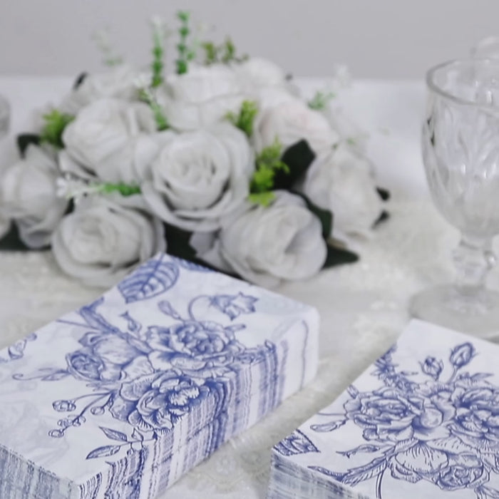 50-Pack Paper Dinner Napkins 2-Ply White with Matte Blue French Toile Floral Pattern Soft Disposable