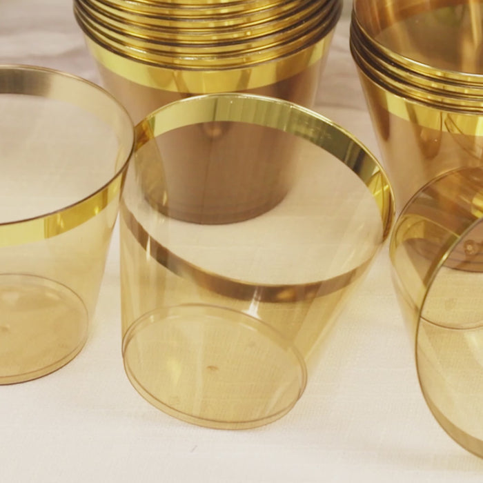 25 Pack Amber Gold Crystal Plastic Party Cups with Gold Rim,