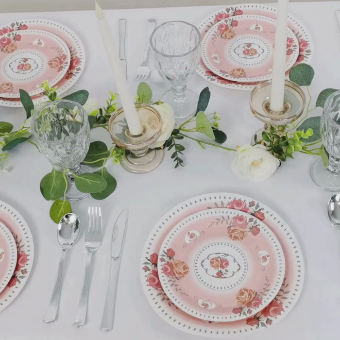 25 Pack Dusty Rose Round Paper Dinner Plates with Rose Flowers Print