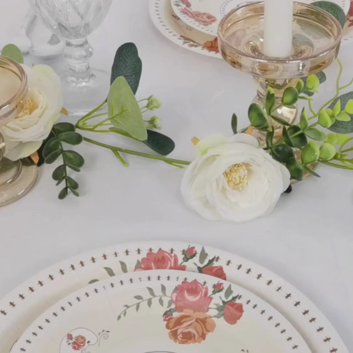 25 Pack Ivory Round Paper Dinner Plates with Rose Flowers Print