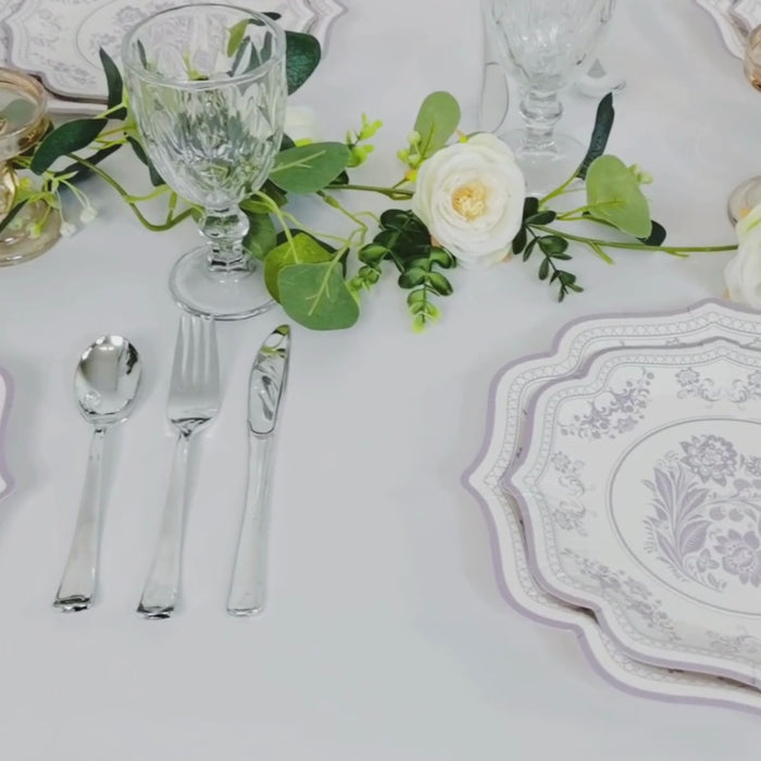 25-Pack Paper Dessert Plates 8inch White with Lavender Lilac Damask Floral Print Scallop Rim