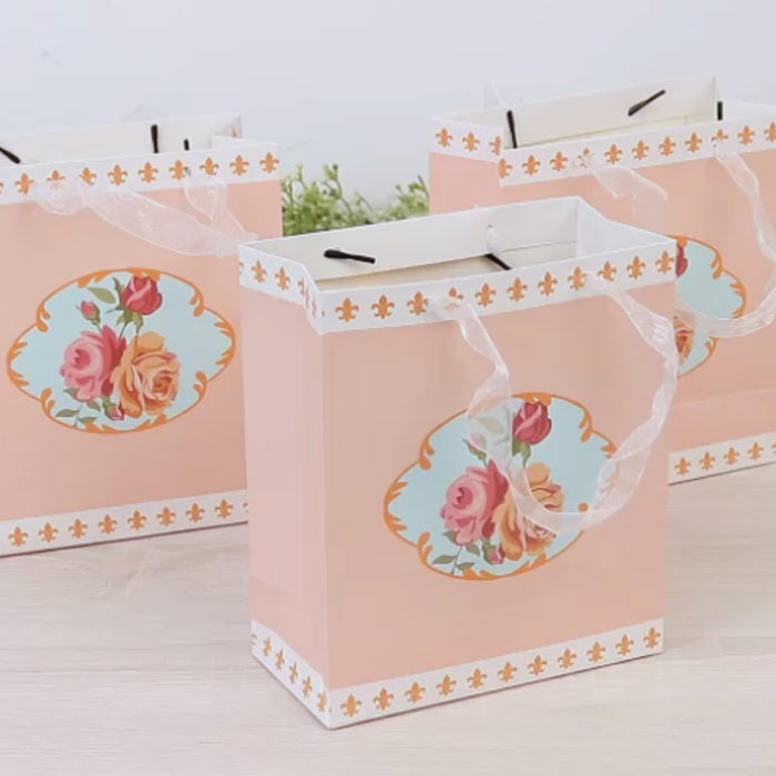 12-Pack Gift Bags Vintage Rose Floral Tea Party, Dusty Rose Paper Goodie Favor Bags