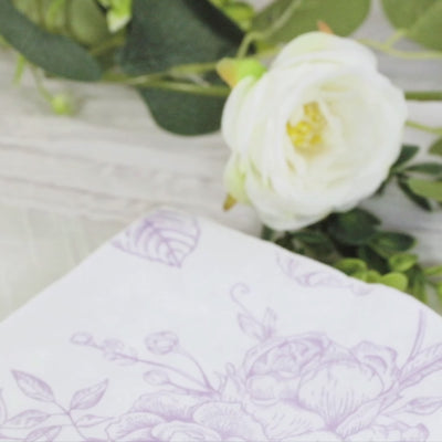 50 Pack 2-Ply Paper Dinner Napkins in French Toile Floral Pattern, Matte Lavender and White Highly Absorbent Soft Disposable Party Napkins