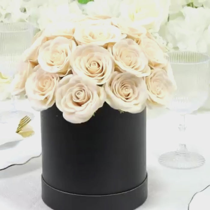 Prearranged Rose Centerpiece Arrangement, Ivory 27pcs Roses with Black Round Gift Box