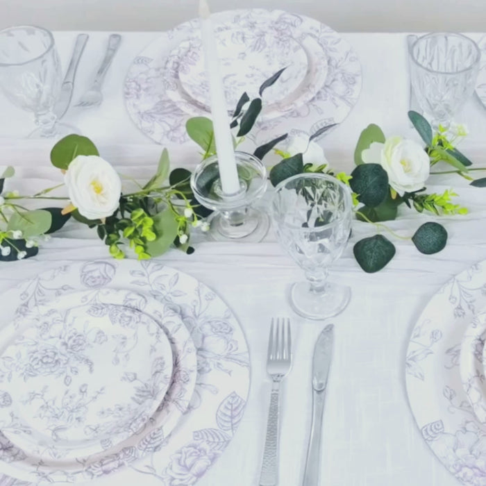 25 Pack French Toile Disposable Dinner Plates, Matte Lavender and White Round Paper Party Plates - 9