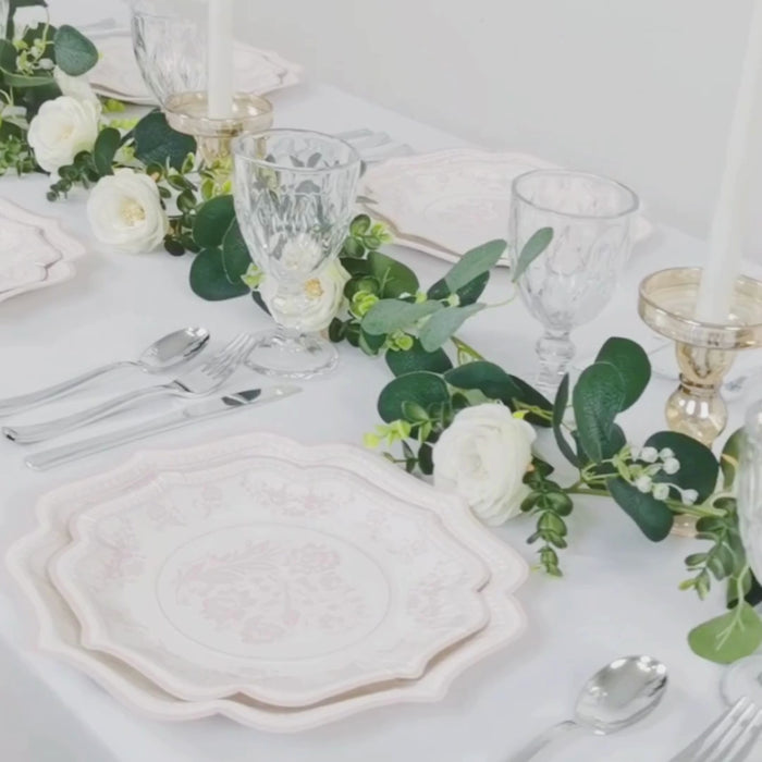 25-Pack Paper Dinner Plates 10" White Pink Damask Floral Pattern