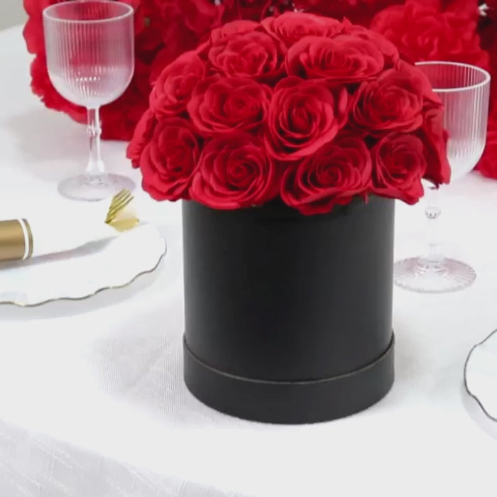 Prearranged Rose Centerpiece Arrangement, Red 27pcs Roses with Black Round Gift Box