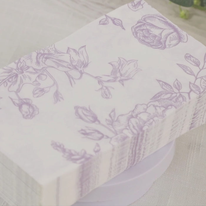 50 Pack 2-Ply Paper Cocktail Napkins in Matte Lavender and White French Toile Floral Pattern