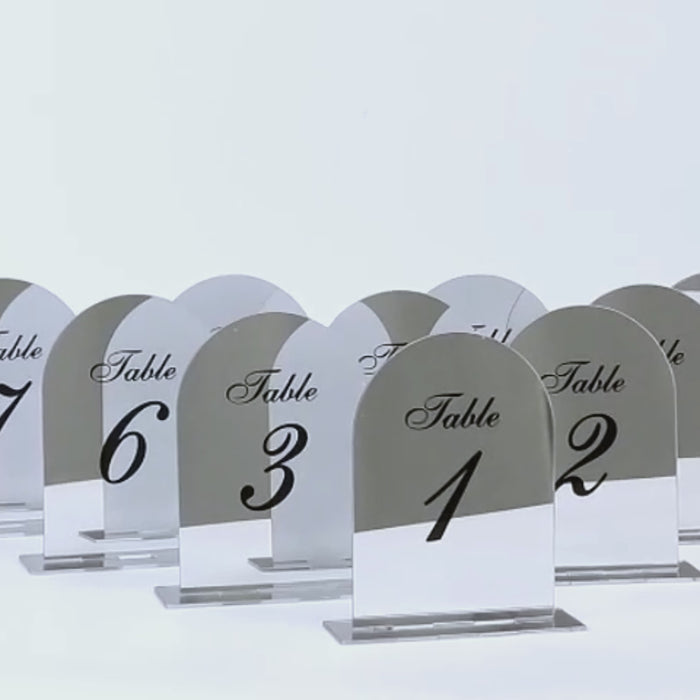 Wedding Table Numbers 1-10 – Silver Mirror Arch Acrylic with Black Print & Stands