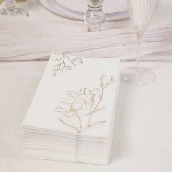 50 Pack White 2-Ply Paper Dinner Napkins with Gold Lilly Flowers Print, Highly Absorbent