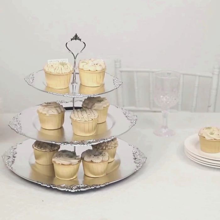 3-Tier Metallic Silver Plastic Cupcake Stand Holder with Embossed Baroque Rim, Round Cake Dessert