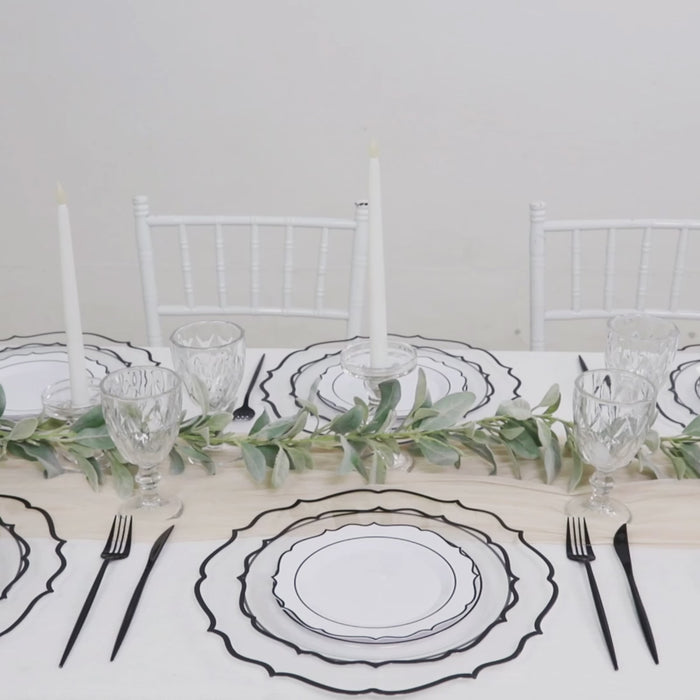 10-Pack Plastic Round Dinner Plates 10inch Clear with Black Scalloped Rim - Disposable Party Plates