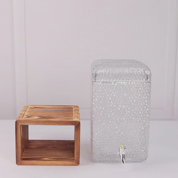 2 Gallon Clear Hammered Glass Beverage Dispenser with Wooden Stand