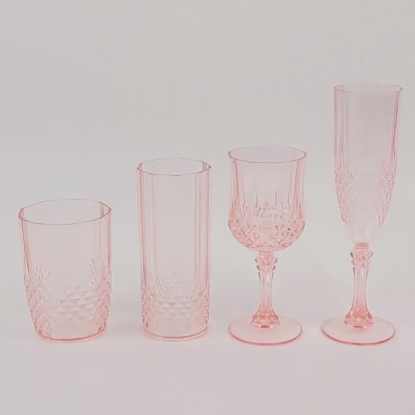 6 Pack Blush Crystal Cut Reusable Plastic Wine Glasses, Shatterproof Cocktail Goblets - 8oz