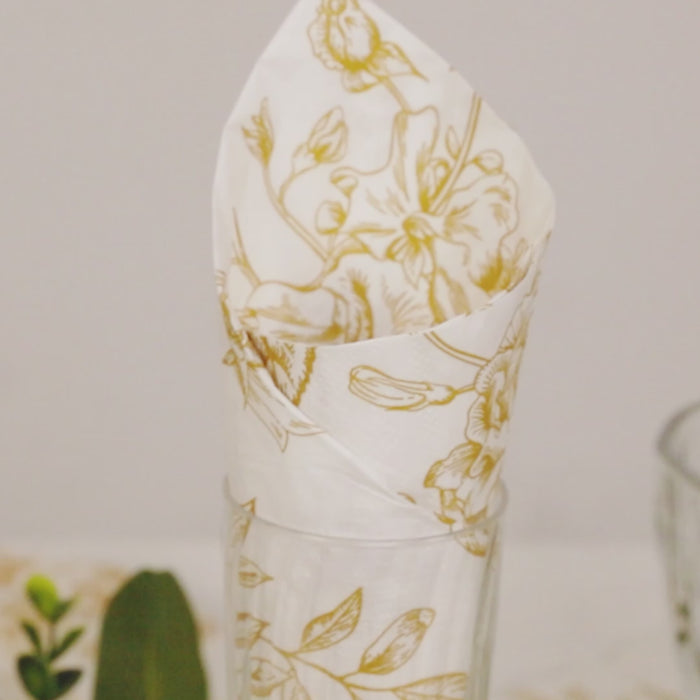 50 Pack White Gold 2-Ply Paper Dinner Napkins in French Toile Floral Pattern, Highly Absorbent