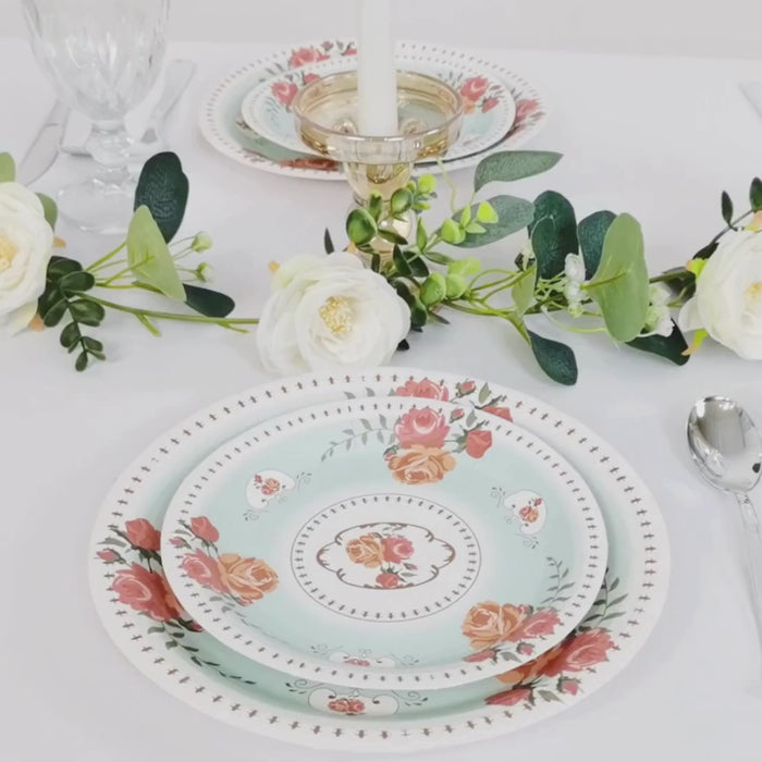 25 Pack Turquoise Round Paper Dinner Plates with Rose Flowers Print