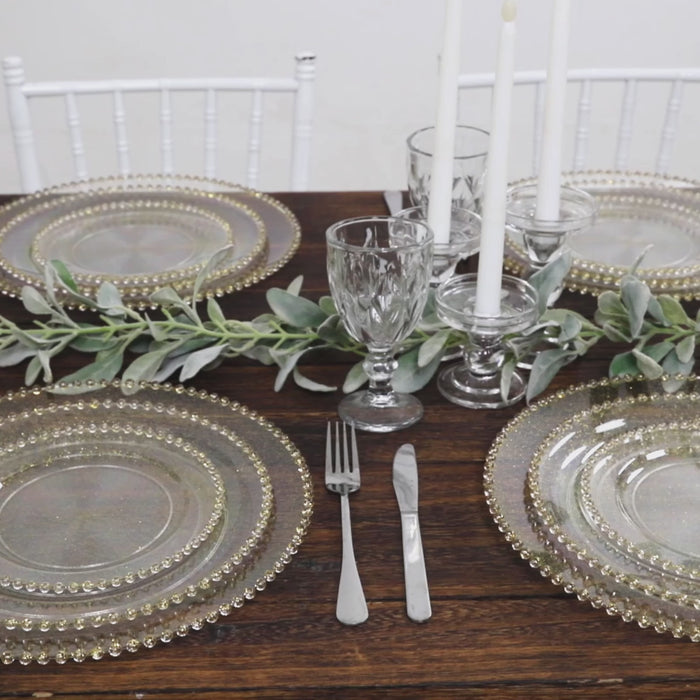 10-Pack Plastic Round Dinner Plates Clear Gold Glittered with Gold Beaded Rim - Disposable Party