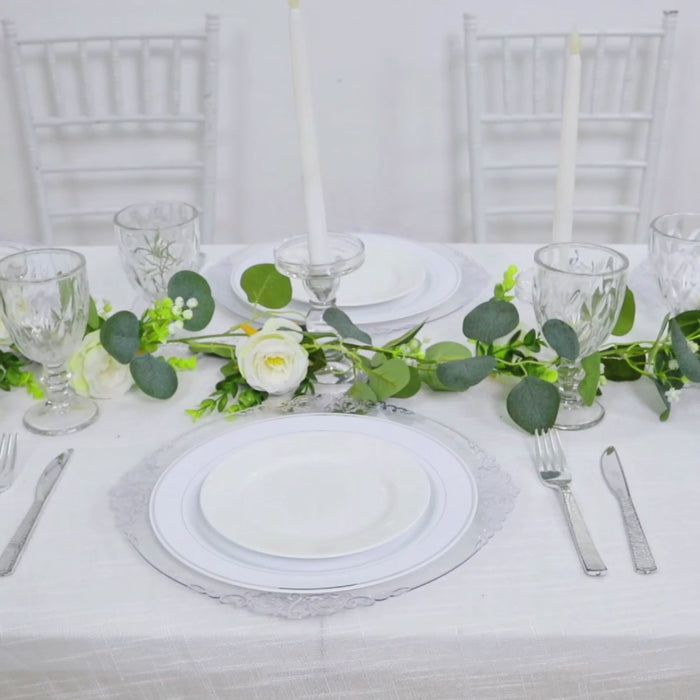 20-Pack Economy Plastic Charger Plates 13inch Round Clear with Silver Embossed Baroque Rim