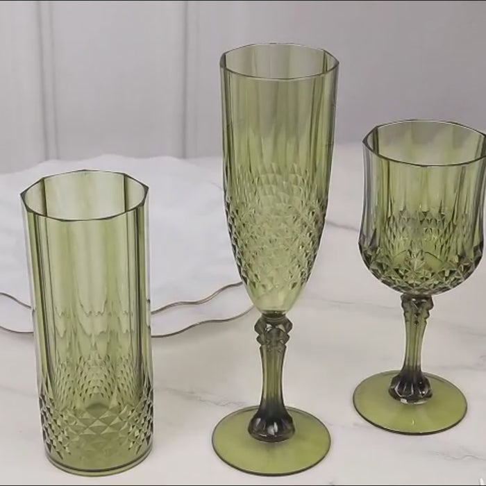 6-Pack Transparent Plastic Champagne Glasses 8oz, Crystal Cut Style Dusty Sage Green - Shatterproof
