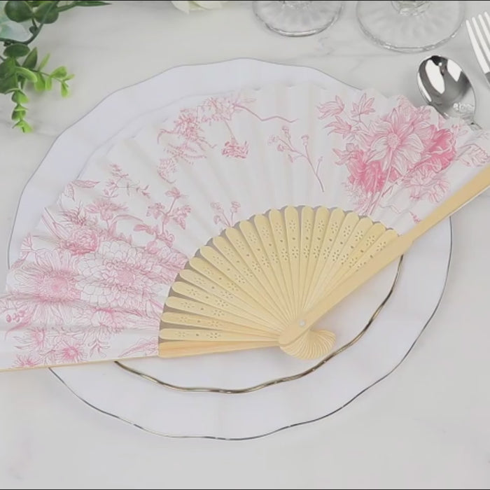 5-Pack Paper Folding Fans in White & Blue French Toile Pattern, Handheld Party Favors