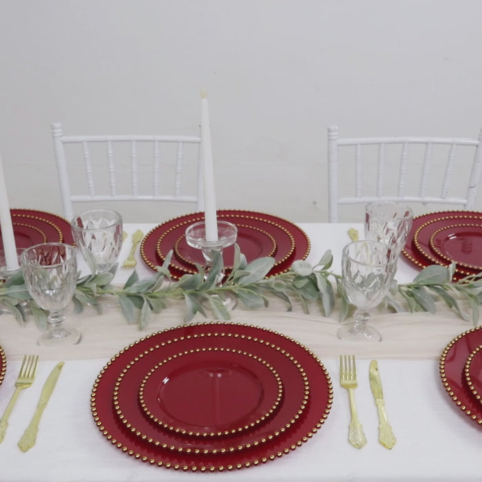 10-Pack Plastic Round Dinner Plates Red with Gold Beaded Rim - Disposable Party Plates