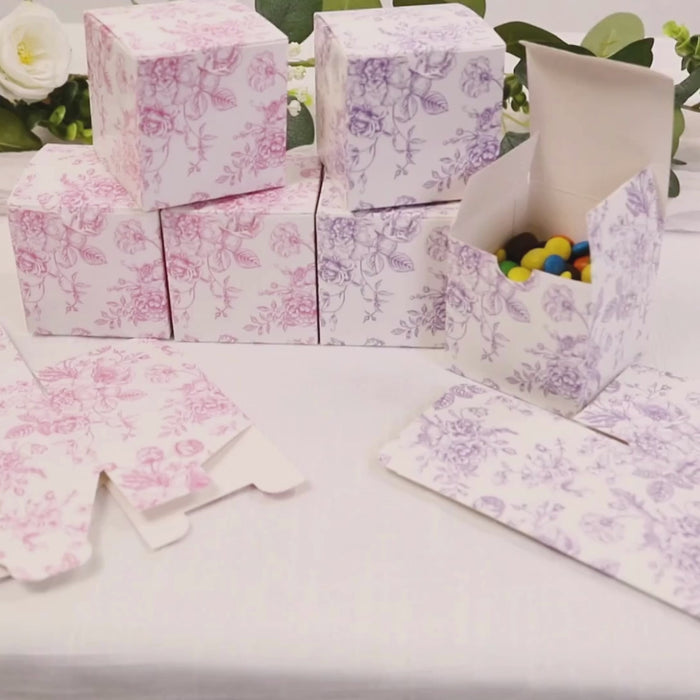 25 Pack Party Favor Gift Boxes in French Toile Pattern - White and Lavender Candy Treat Boxes