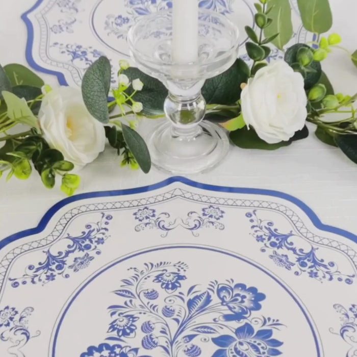10-Pack Disposable Table Placemats 13" White with Blue Damask Floral Pattern & Scalloped Rim