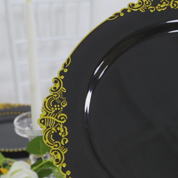 20-Pack Economy Plastic Charger Plates 13inch Round Black with Gold Embossed Baroque Rim