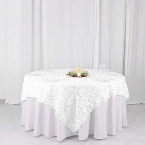 Rosette Satin Square Table Overlay 72"x72" White - Stylish 3D Design for Weddings and Luxe Celebrations
