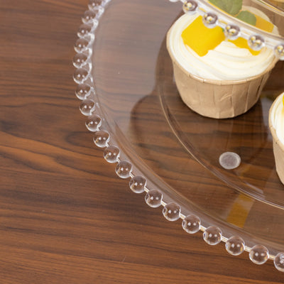 Clear 3-Tier Round Plastic Cupcake Tower Stand with Beaded Rim, Dessert Display Tea Party Serving Platter With Top Handle - 14" Tall