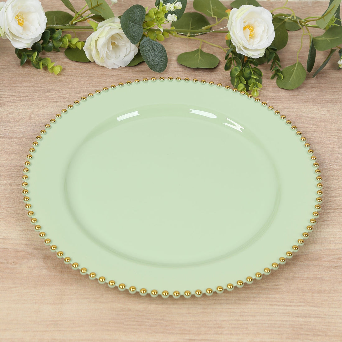 10-Pack Economy Plastic Charger Plates 13" Round Sage Green with Gold Beaded Rim - Stylish Dinner