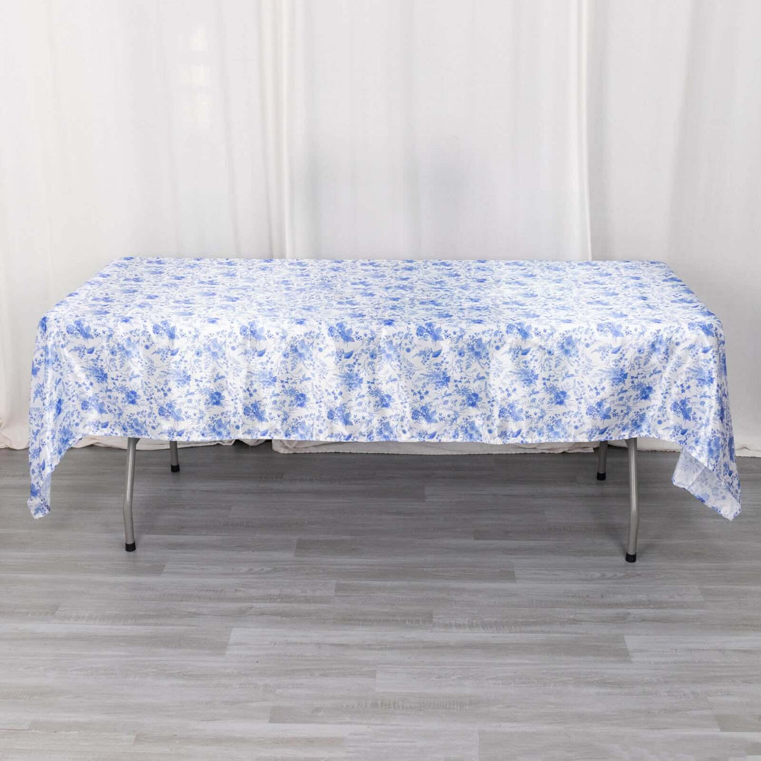 White Blue Seamless Satin Rectangular Tablecloth in French Toile Floral Pattern