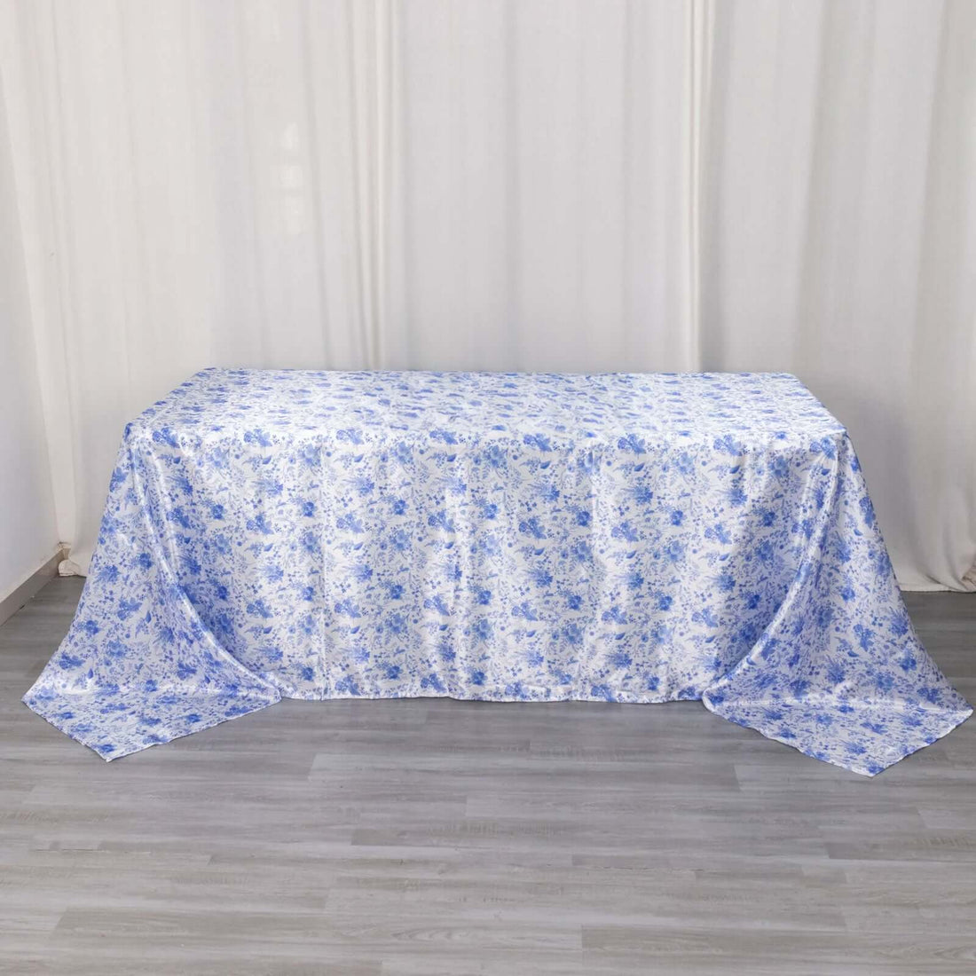 White Blue Seamless Satin Rectangular Tablecloth in French Toile Floral Pattern