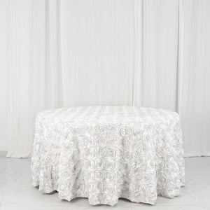 Satin Round Tablecloth 120" White with Grandiose 3D Rosette Design - Seamless Finish for Refined Weddings