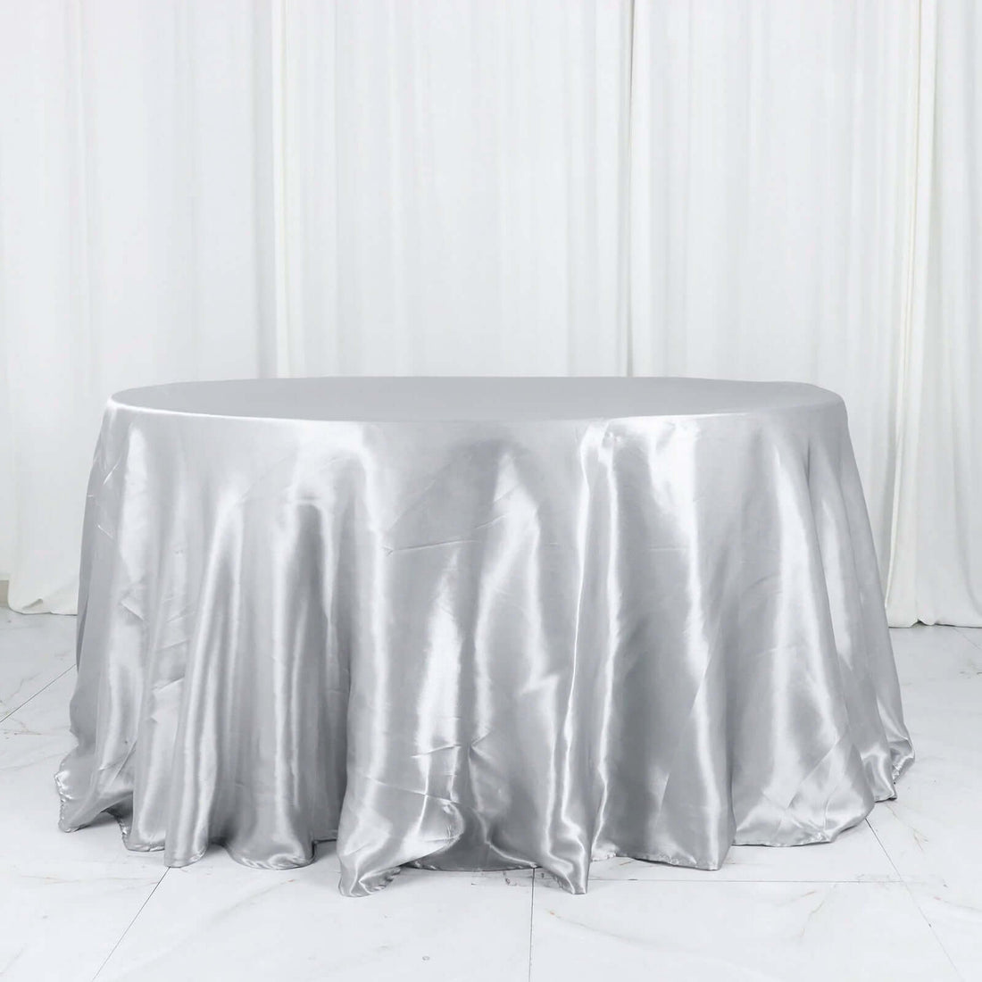 Seamless Silver Satin Round Tablecloth 132 Inches