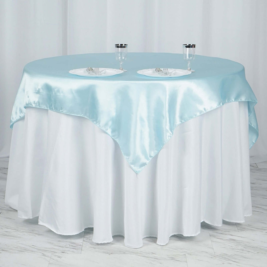 Light Blue Square Smooth Satin Table Overlay 60 Inch x 60 Inch