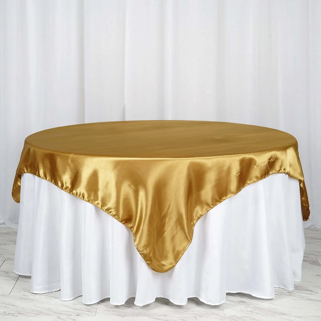 72 Inch x 72 Inch Gold Satin Square Tablecloth Overlay