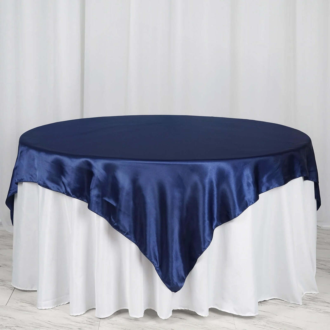 72 Inch x 72 Inch Navy Blue Satin Square Tablecloth Overlay