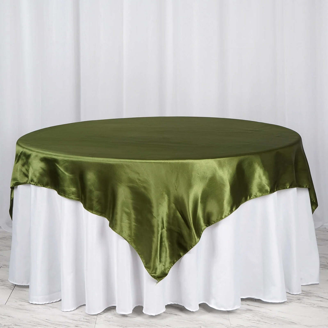 72 Inch x 72 Inch Olive Green Satin Square Tablecloth Overlay