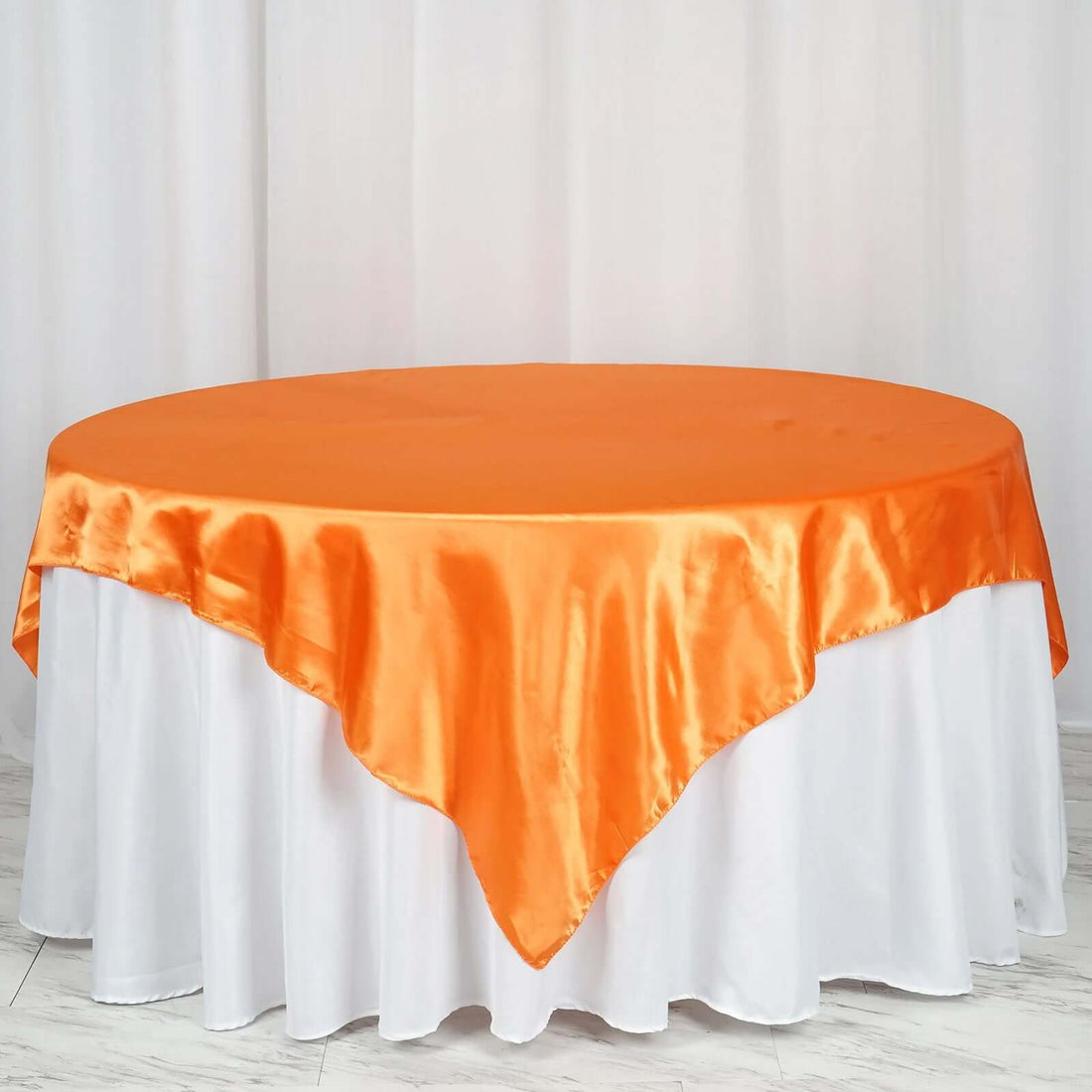 72 Inch x 72 Inch Orange Satin Square Tablecloth Overlay