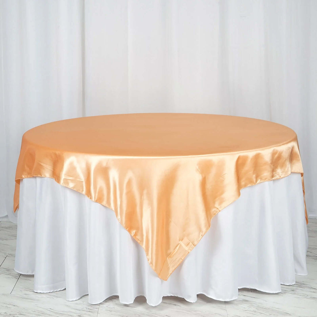 72 Inch x 72 Inch Peach Satin Square Tablecloth Overlay