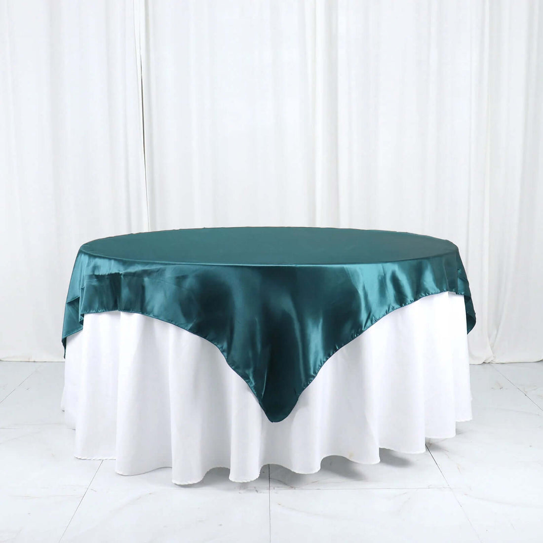 72x72 Inch Peacock Teal Satin Square Table Overlay