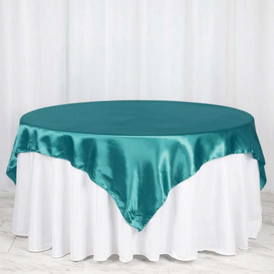 72 Inch x 72 Inch Turquoise Satin Square Tablecloth Overlay